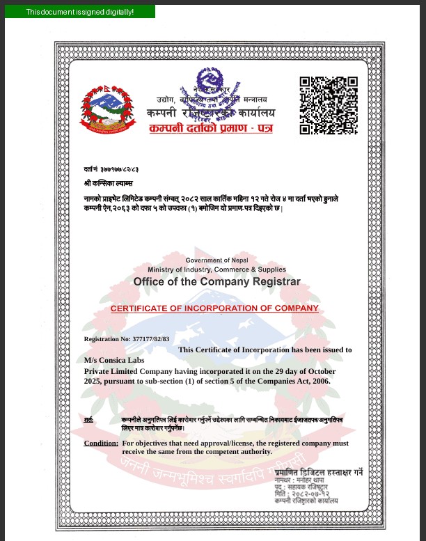 Certificate of Incorporation of Consica Labs